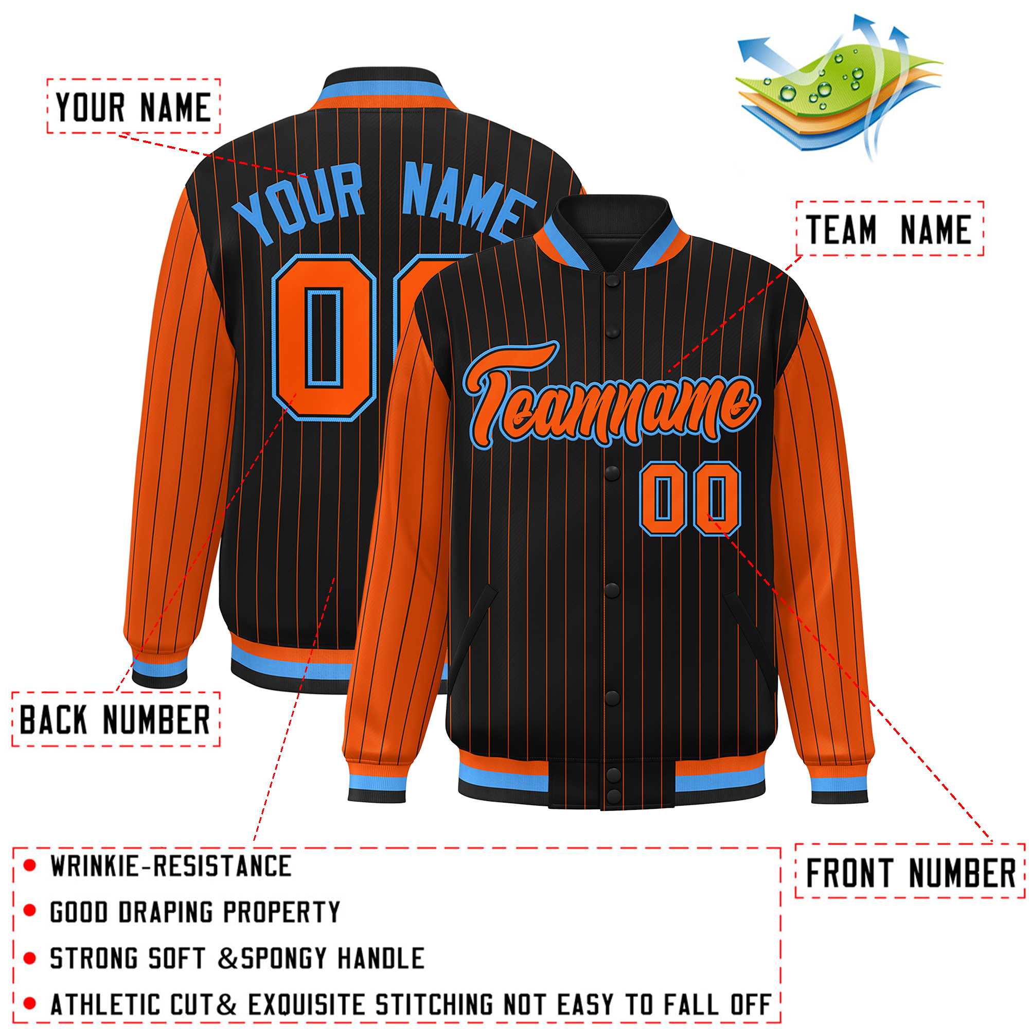 Custom Black Orange Raglan Sleeves Varsity Full-Snap Pinstripe Letterman Baseball Jacket