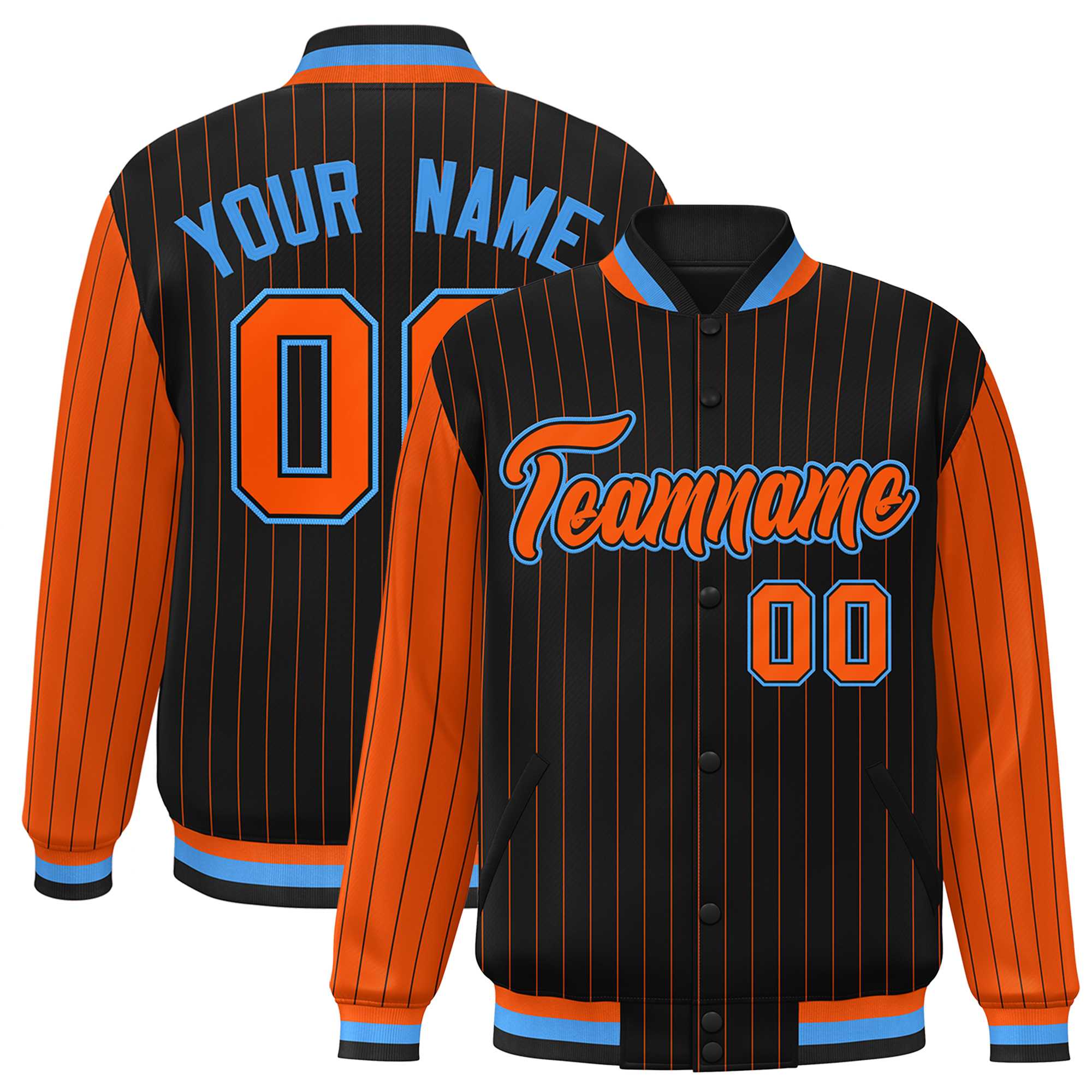 Custom Black Orange Raglan Sleeves Varsity Full-Snap Pinstripe Letterman Baseball Jacket