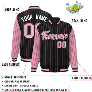 Custom Black Light Pink Raglan Sleeves Varsity Full-Snap Pinstripe Letterman Baseball Jacket