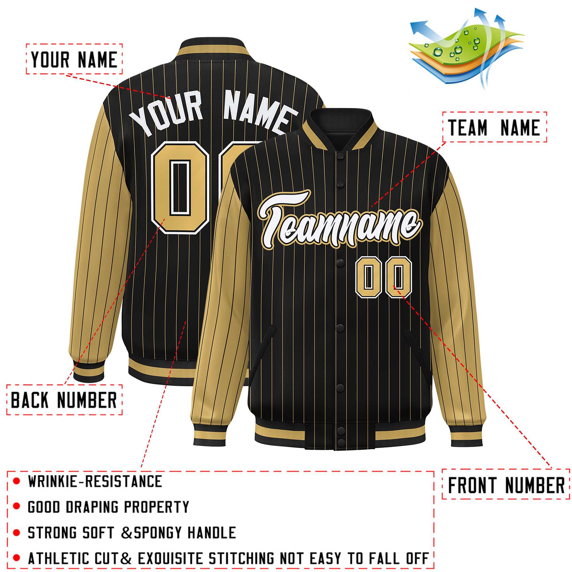 Custom Black Old Gold Raglan Sleeves Varsity Full-Snap Pinstripe Letterman Baseball Jacket