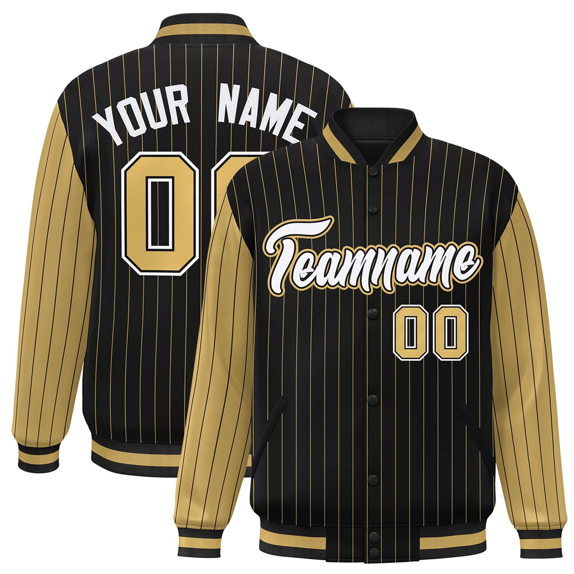 Custom Black Old Gold Raglan Sleeves Varsity Full-Snap Pinstripe Letterman Baseball Jacket