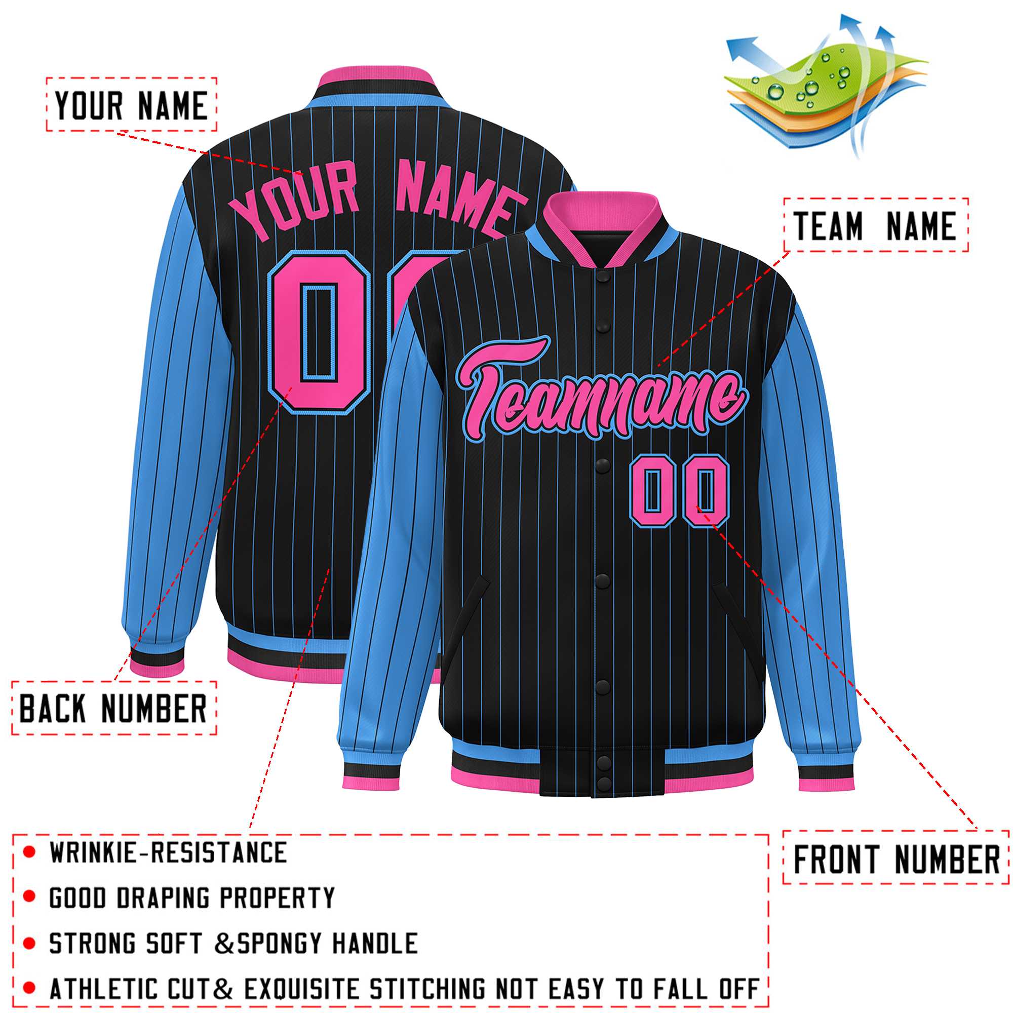 Custom Black Powder Blue Raglan Sleeves Varsity Full-Snap Pinstripe Letterman Baseball Jacket