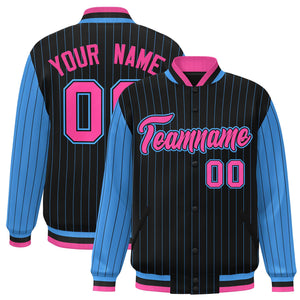 Custom Black Powder Blue Raglan Sleeves Varsity Full-Snap Pinstripe Letterman Baseball Jacket