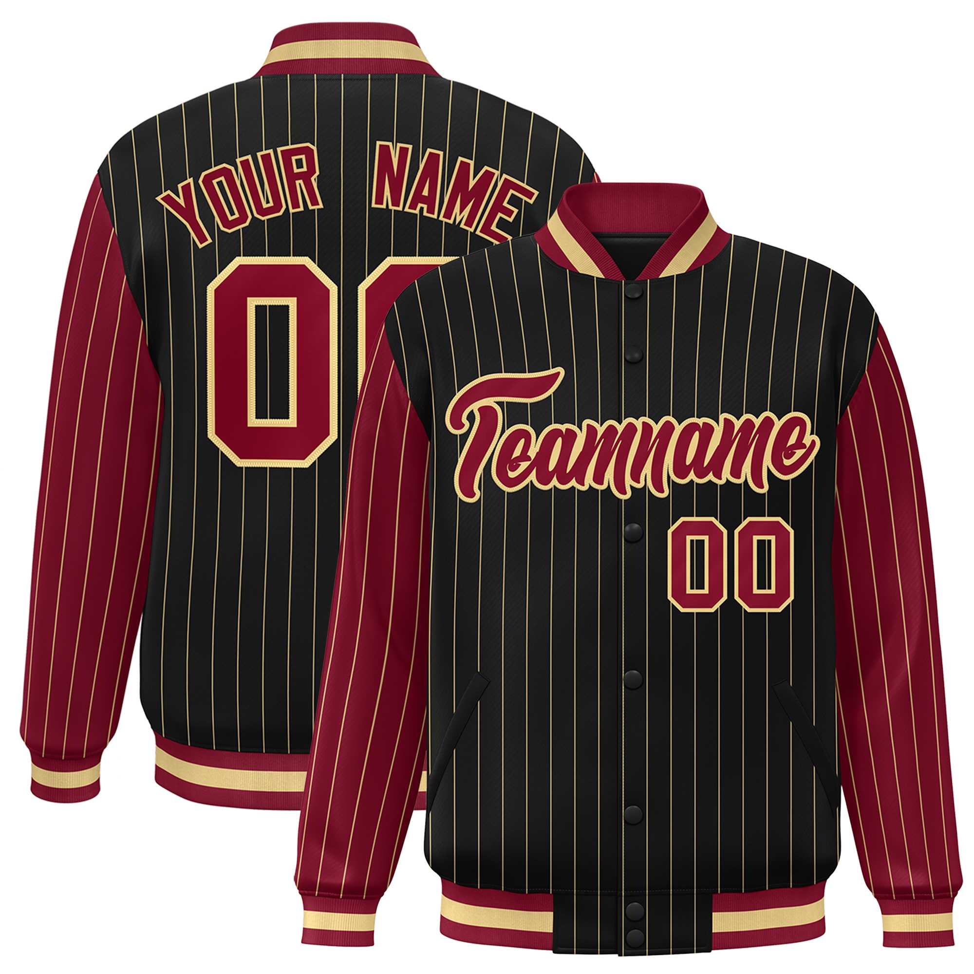 Custom Black Crimson Raglan Sleeves Varsity Full-Snap Pinstripe Letterman Baseball Jacket