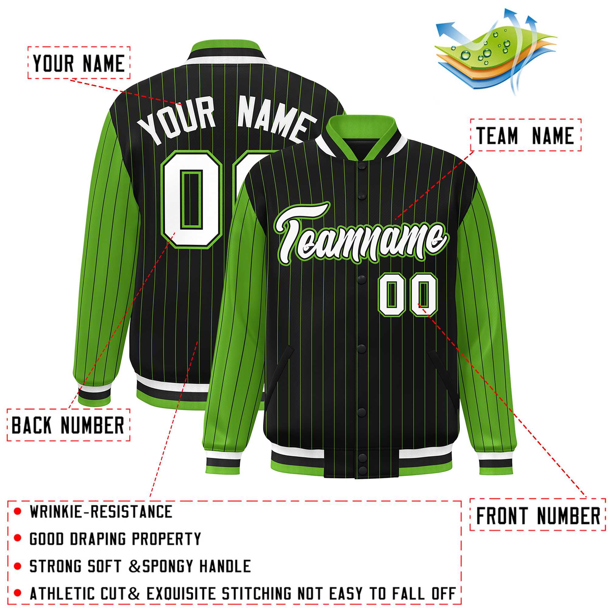 Custom Black Green Raglan Sleeves Varsity Full-Snap Pinstripe Letterman Baseball Jacket