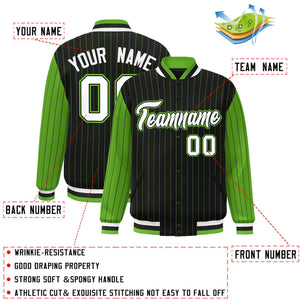 Custom Black Green Raglan Sleeves Varsity Full-Snap Pinstripe Letterman Baseball Jacket