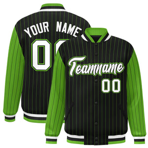 Custom Black Green Raglan Sleeves Varsity Full-Snap Pinstripe Letterman Baseball Jacket