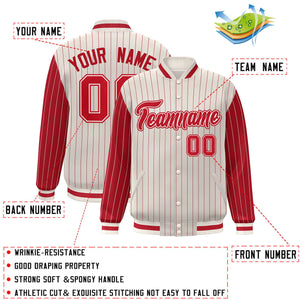 Custom Cream Red Raglan Sleeves Varsity Full-Snap Pinstripe Letterman Baseball Jacket