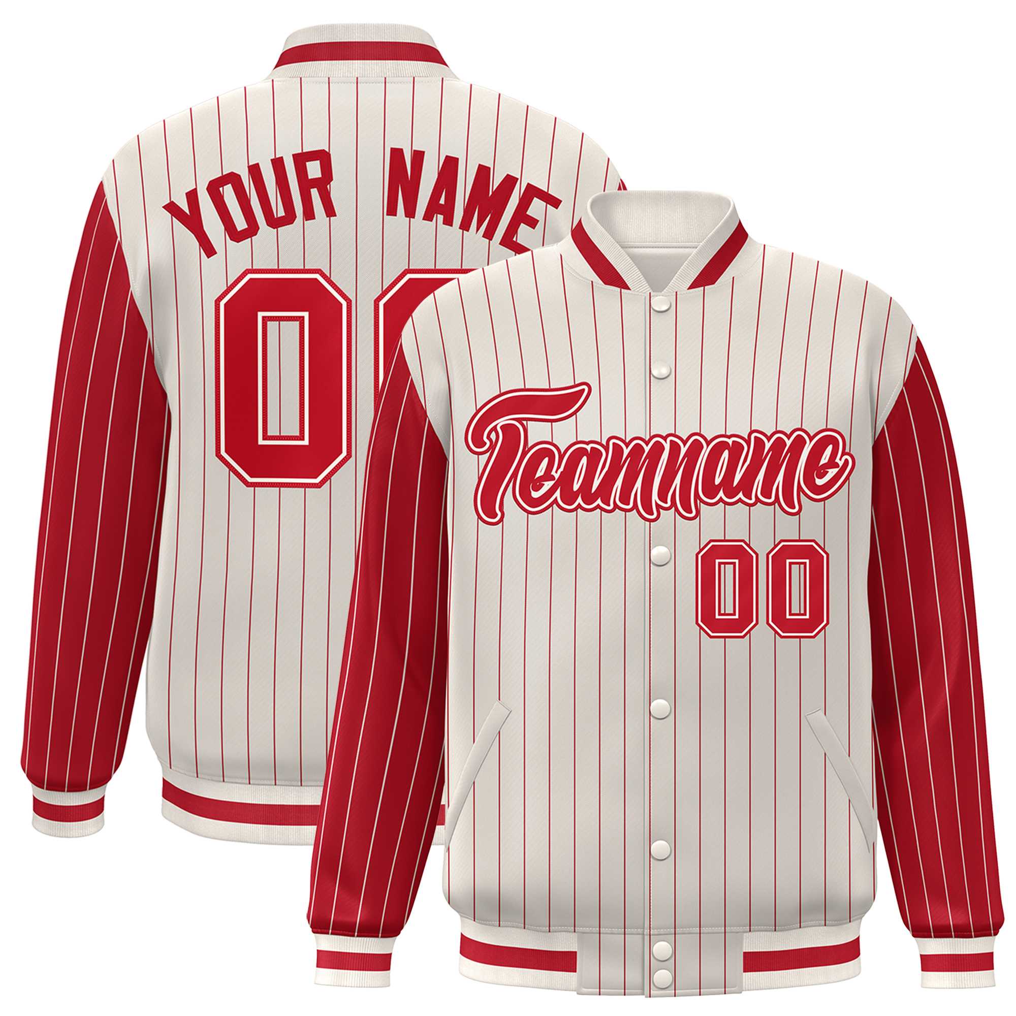 Custom Cream Red Raglan Sleeves Varsity Full-Snap Pinstripe Letterman Baseball Jacket