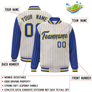 Custom Cream Royal Raglan Sleeves Varsity Full-Snap Pinstripe Letterman Baseball Jacket