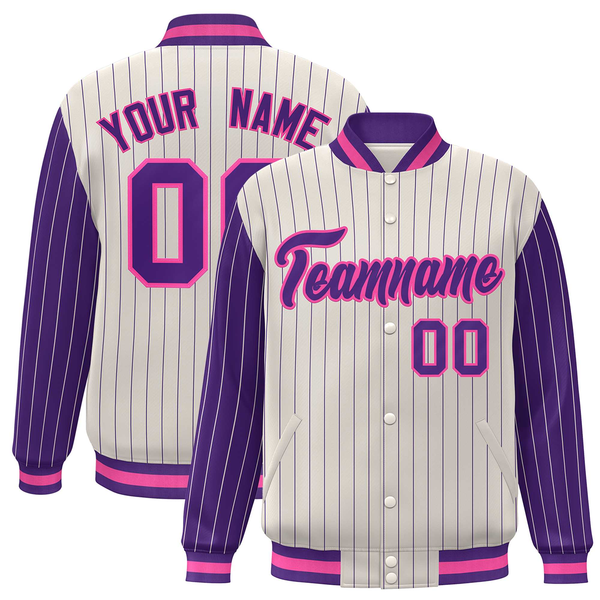 Custom Cream Purple Raglan Sleeves Varsity Full-Snap Pinstripe Letterman Baseball Jacket