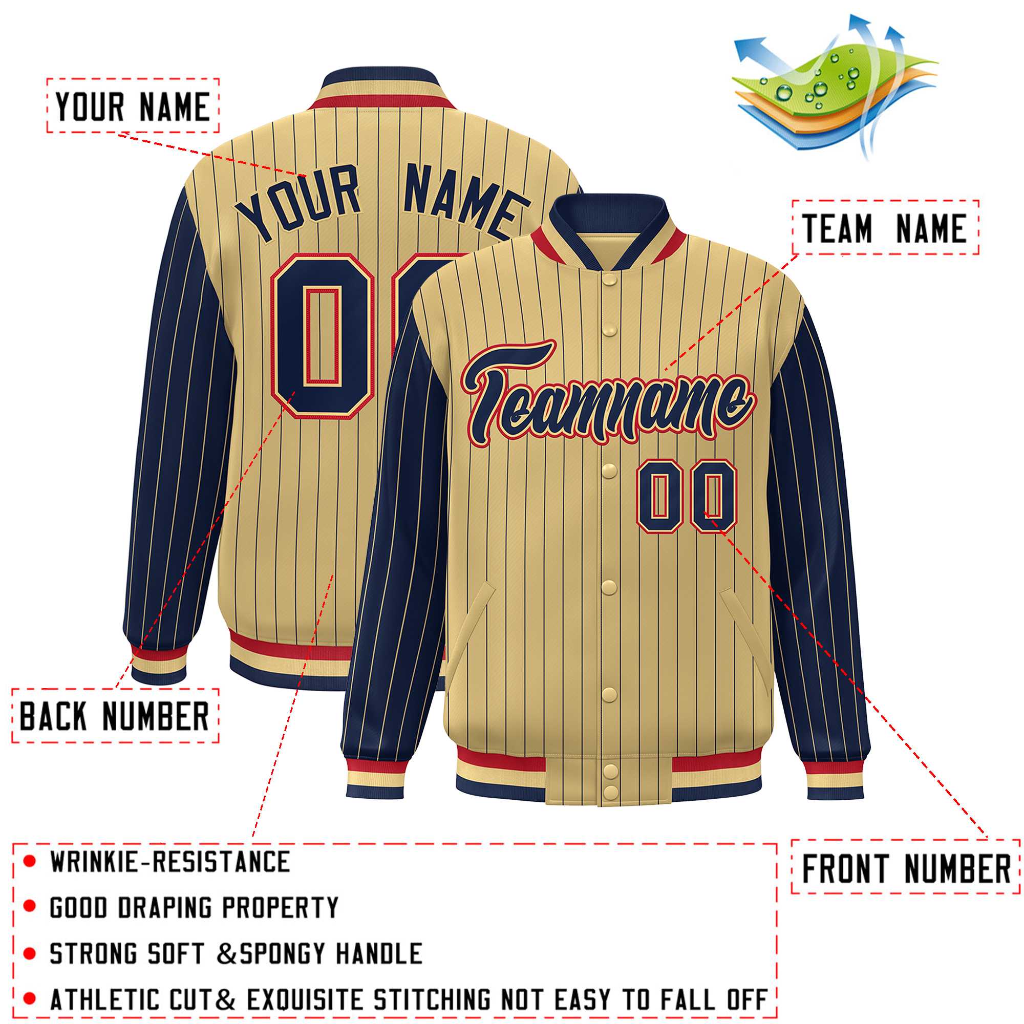 Custom Khaki Navy Raglan Sleeves Varsity Full-Snap Pinstripe Letterman Baseball Jacket