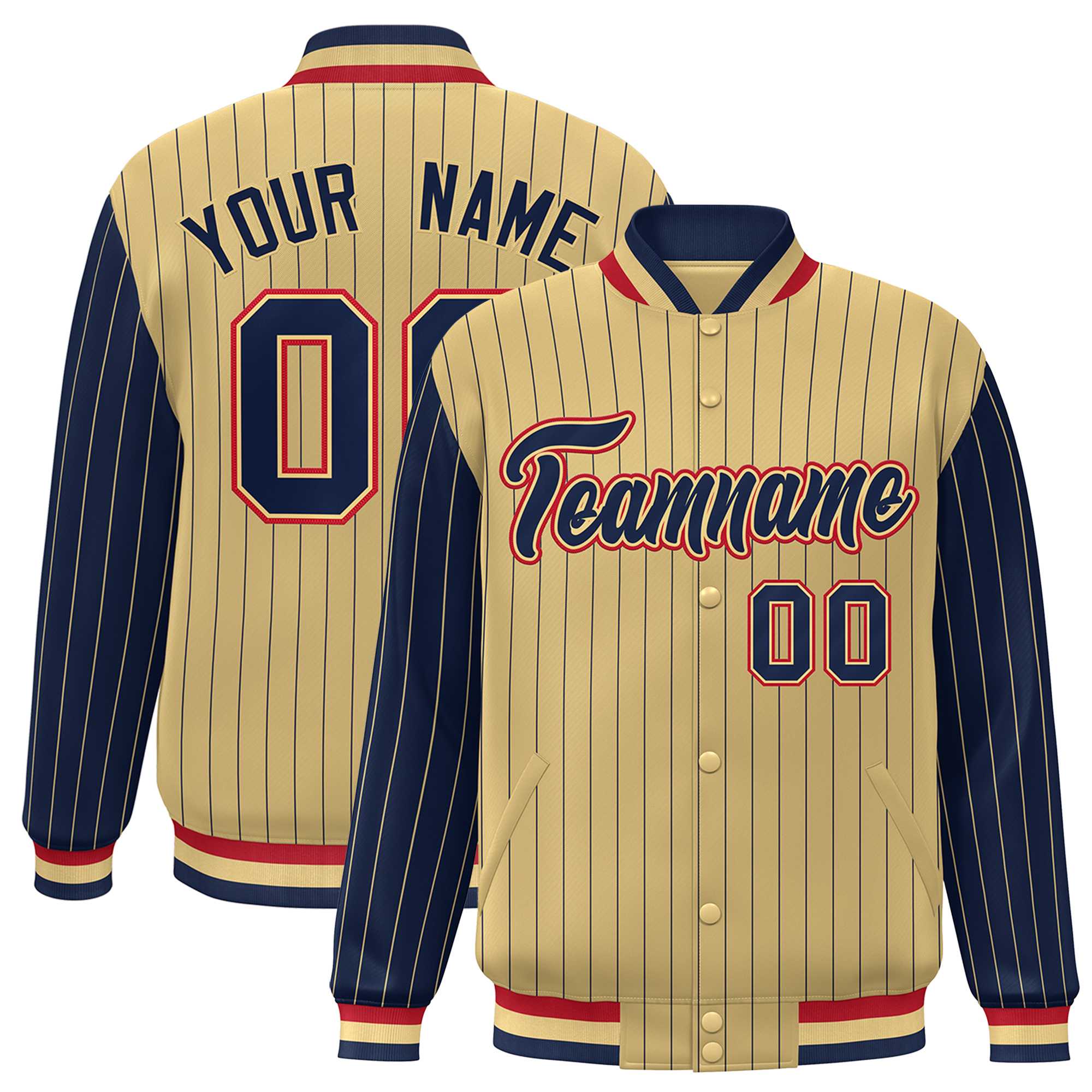 Custom Khaki Navy Raglan Sleeves Varsity Full-Snap Pinstripe Letterman Baseball Jacket