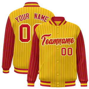 Custom Gold Red Raglan Sleeves Varsity Full-Snap Pinstripe Letterman Baseball Jacket