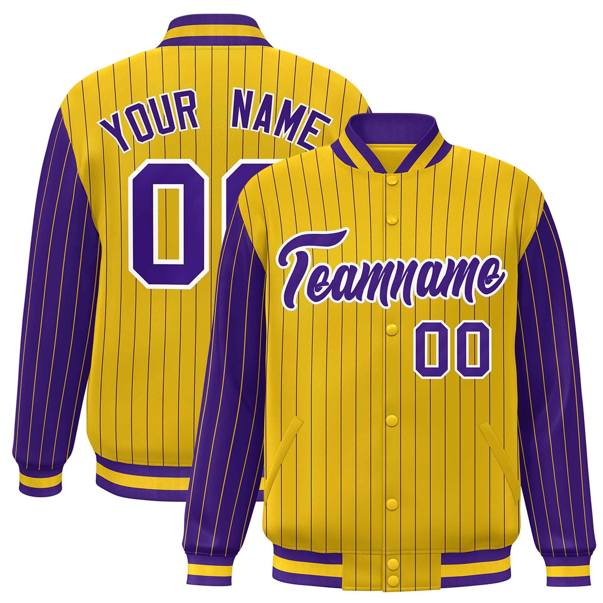 Custom Gold Purple Raglan Sleeves Varsity Full-Snap Pinstripe Letterman Baseball Jacket