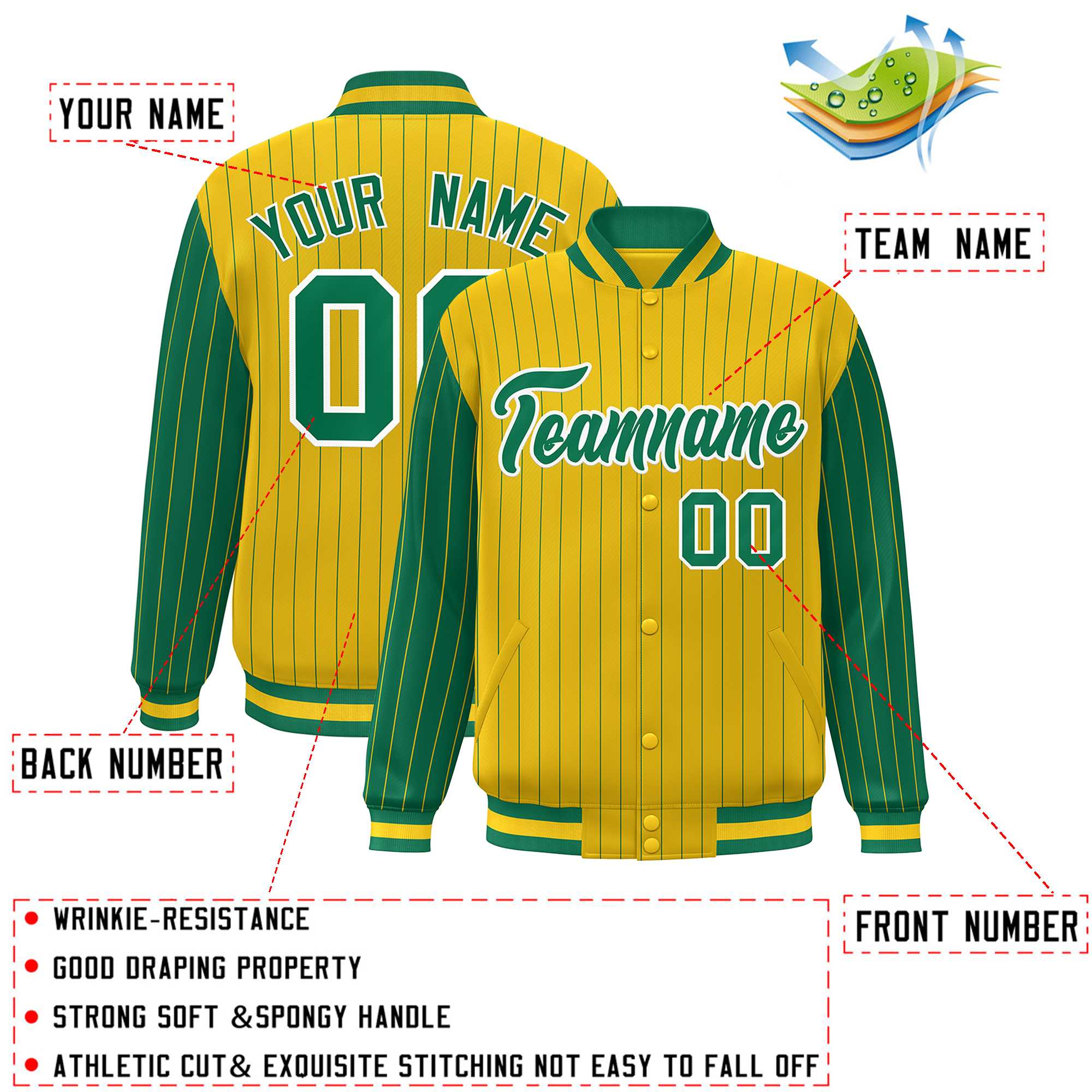 Custom Gold Kelly Green Raglan Sleeves Varsity Full-Snap Pinstripe Letterman Baseball Jacket