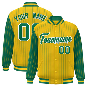 Custom Gold Kelly Green Raglan Sleeves Varsity Full-Snap Pinstripe Letterman Baseball Jacket