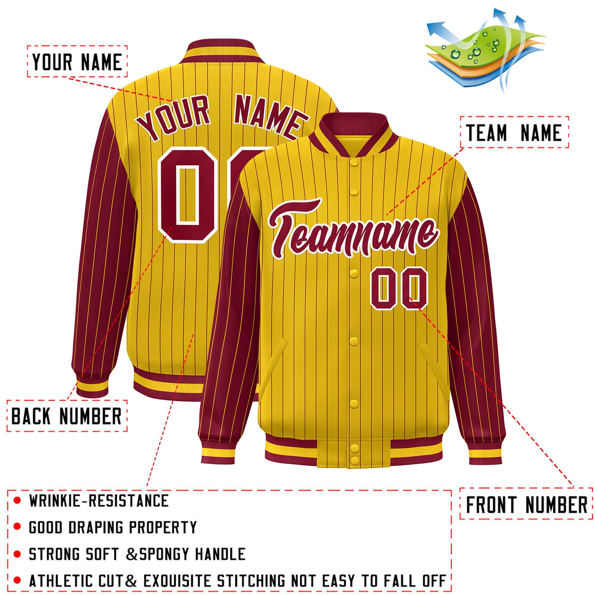 Custom Gold Crimson Raglan Sleeves Varsity Full-Snap Pinstripe Letterman Baseball Jacket