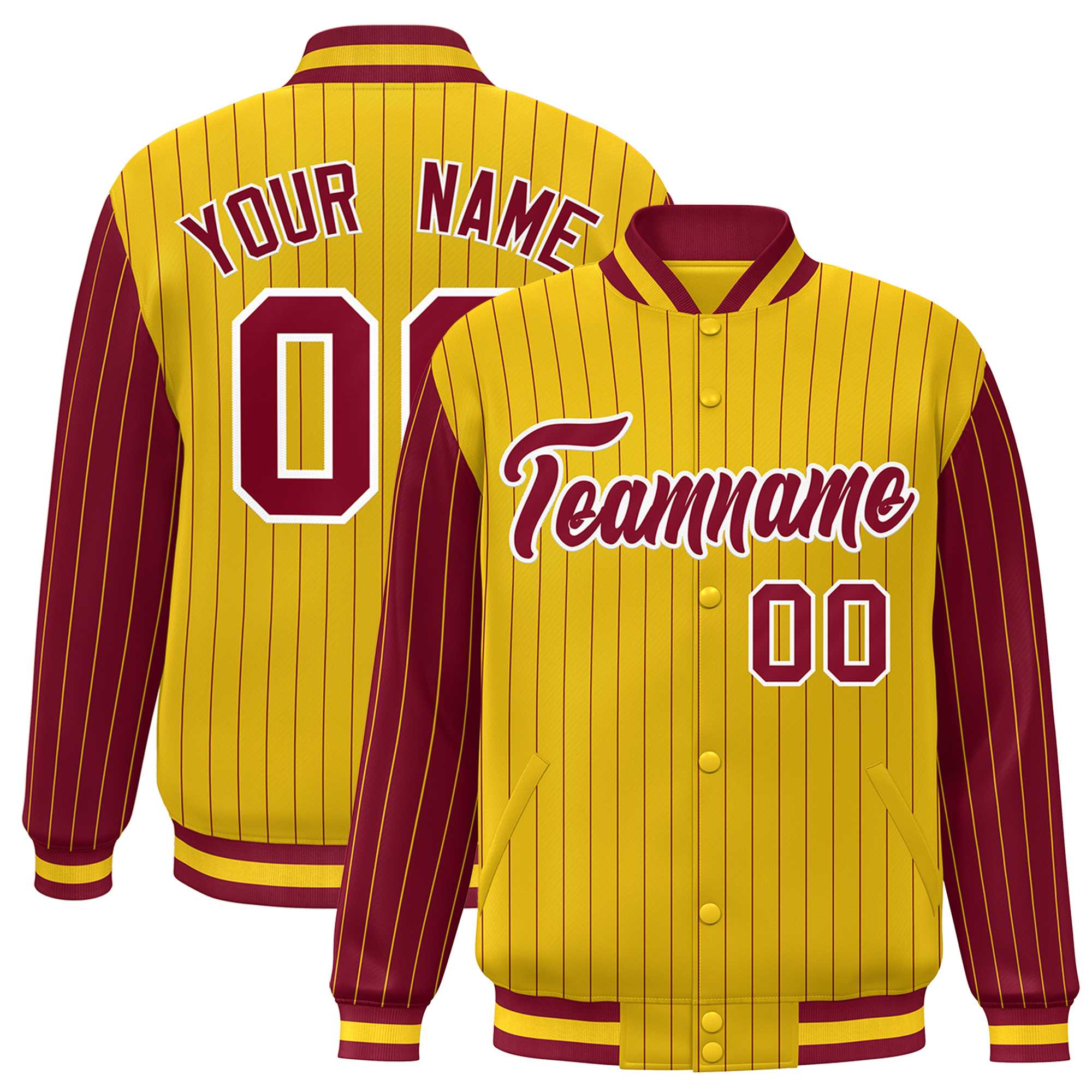 Custom Gold Crimson Raglan Sleeves Varsity Full-Snap Pinstripe Letterman Baseball Jacket