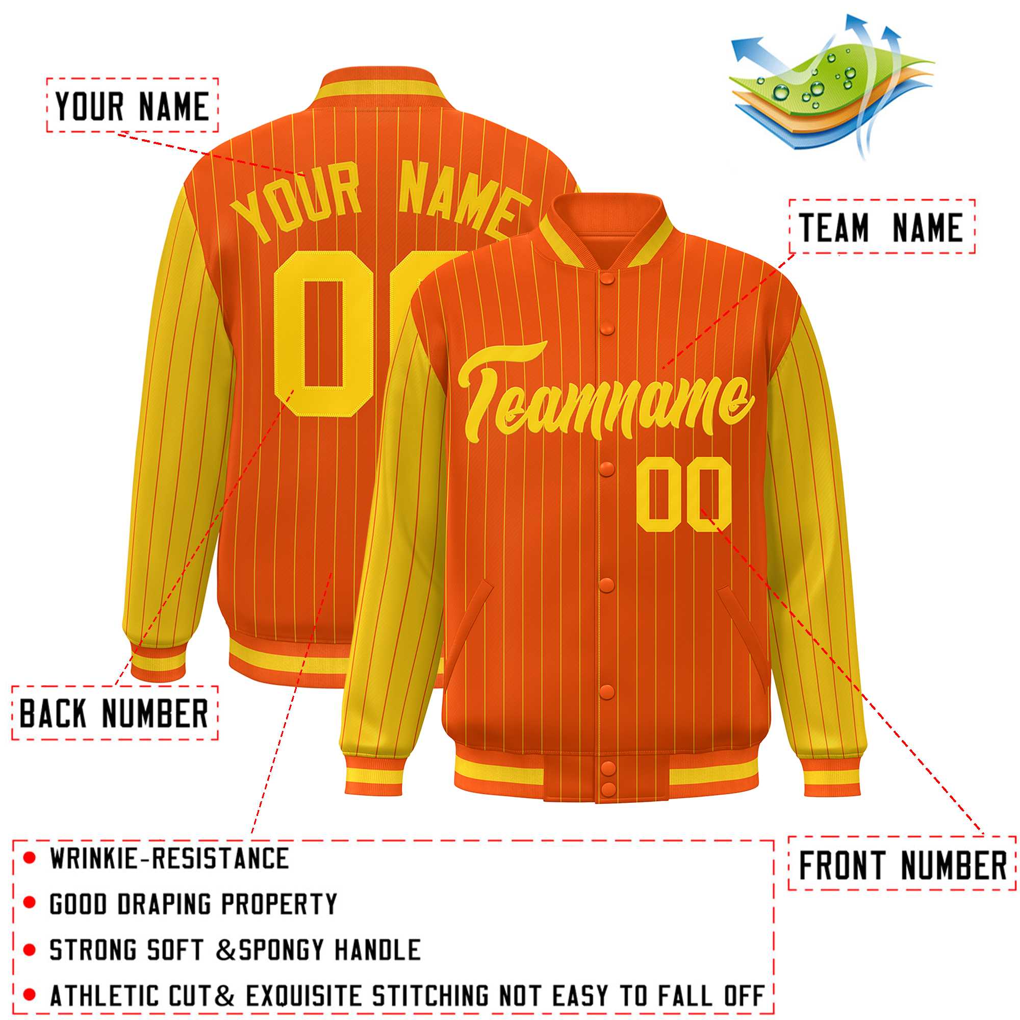 Custom Orange Gold Raglan Sleeves Varsity Full-Snap Pinstripe Letterman Baseball Jacket