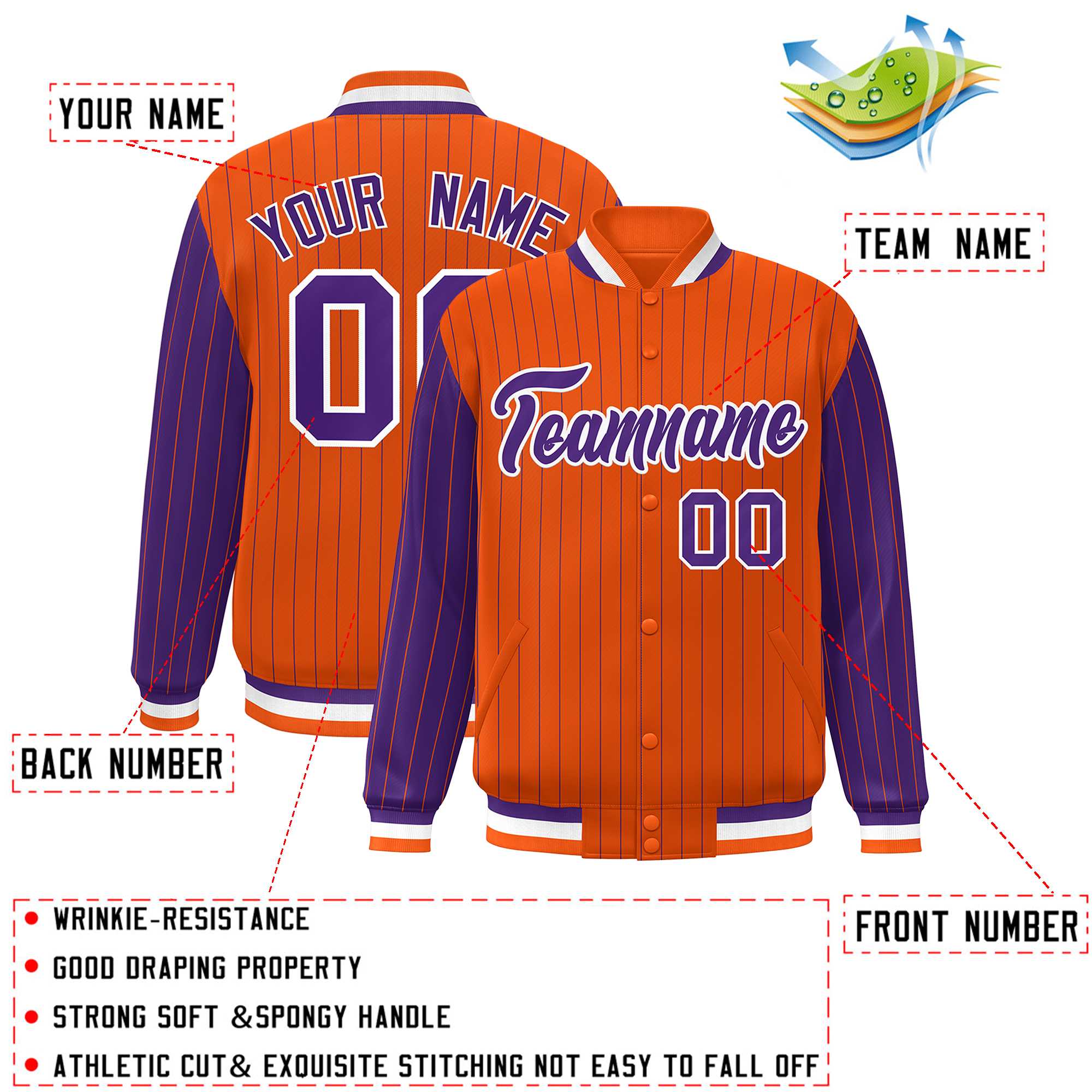 Custom Orange Purple Raglan Sleeves Varsity Full-Snap Pinstripe Letterman Baseball Jacket