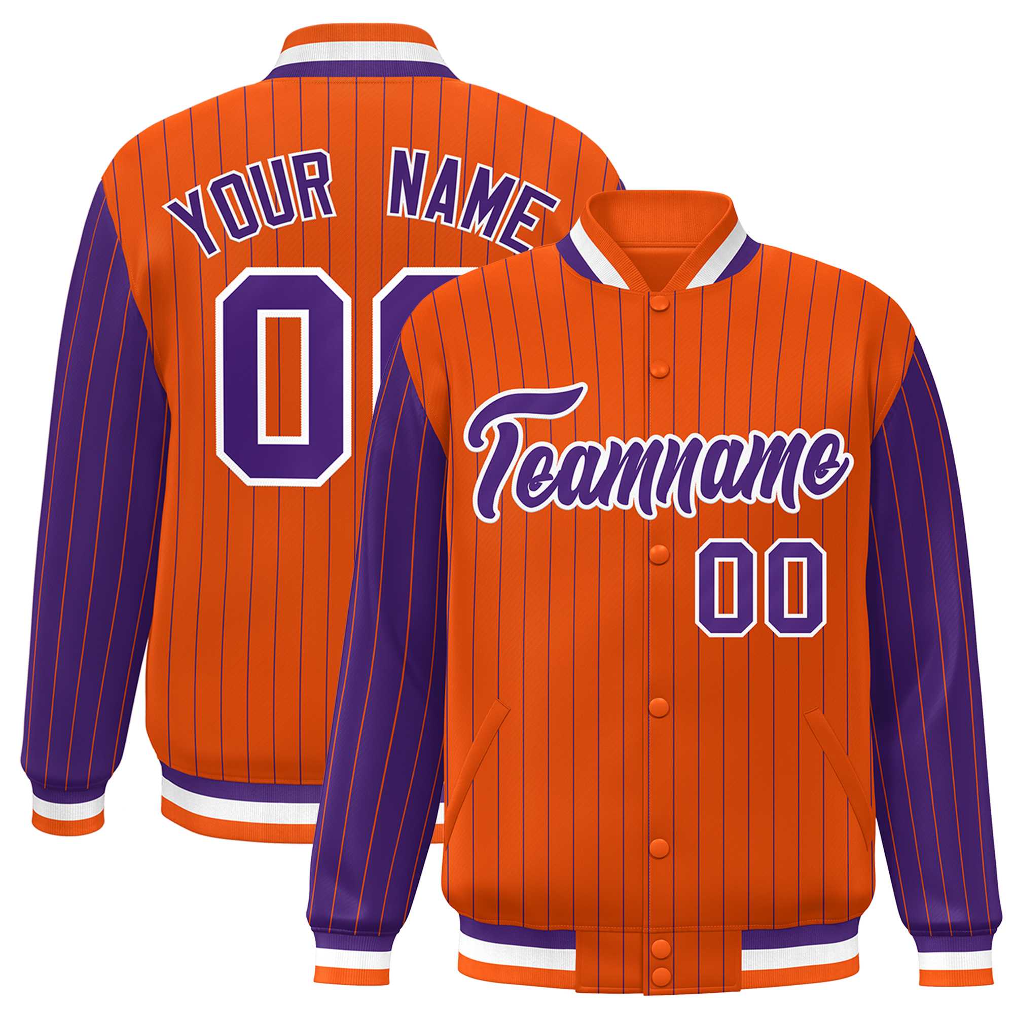 Custom Orange Purple Raglan Sleeves Varsity Full-Snap Pinstripe Letterman Baseball Jacket