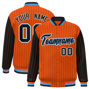 Custom Orange Black Raglan Sleeves Varsity Full-Snap Pinstripe Letterman Baseball Jacket