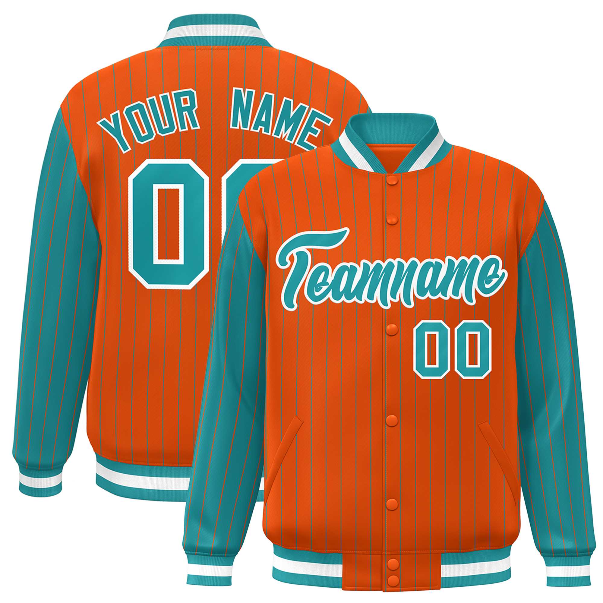 Custom Orange Aqua Raglan Sleeves Varsity Full-Snap Pinstripe Letterman Baseball Jacket