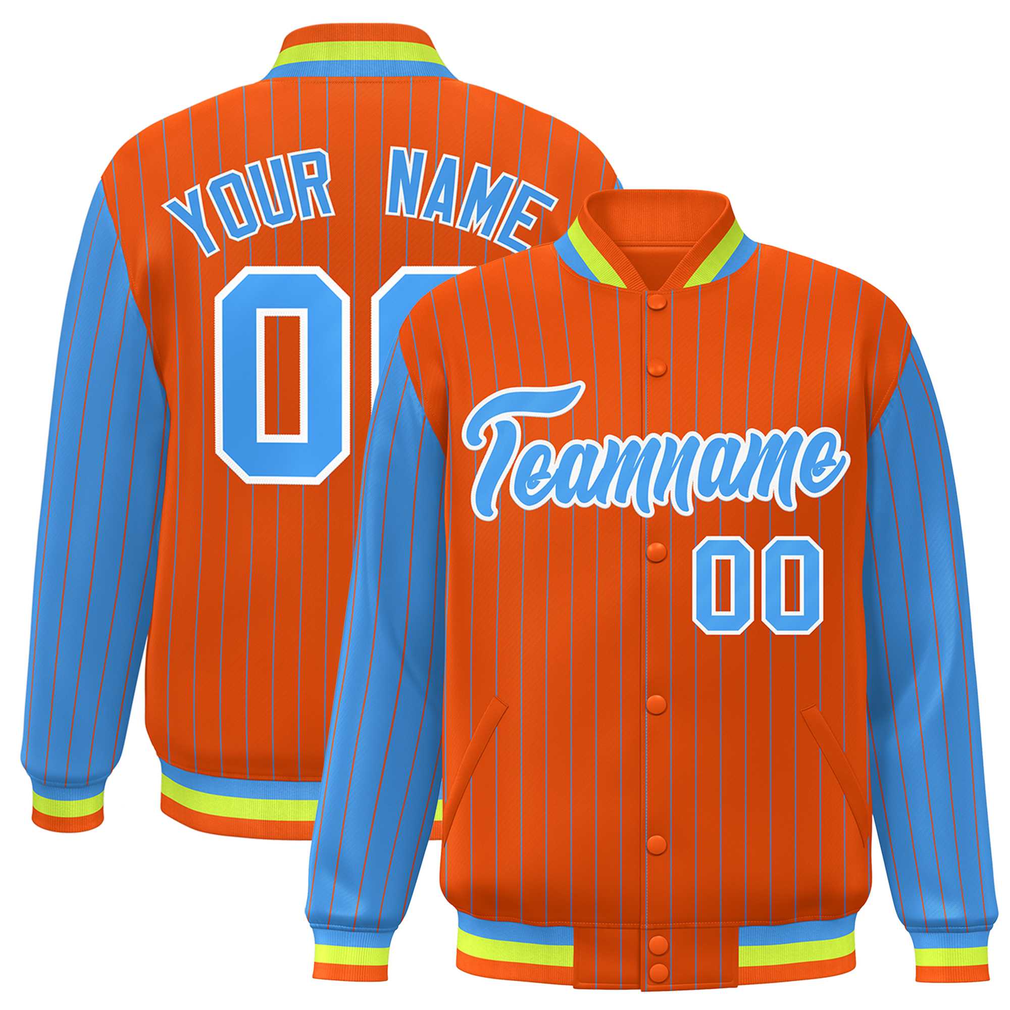 Custom Orange Powder Blue Raglan Sleeves Varsity Full-Snap Pinstripe Letterman Baseball Jacket