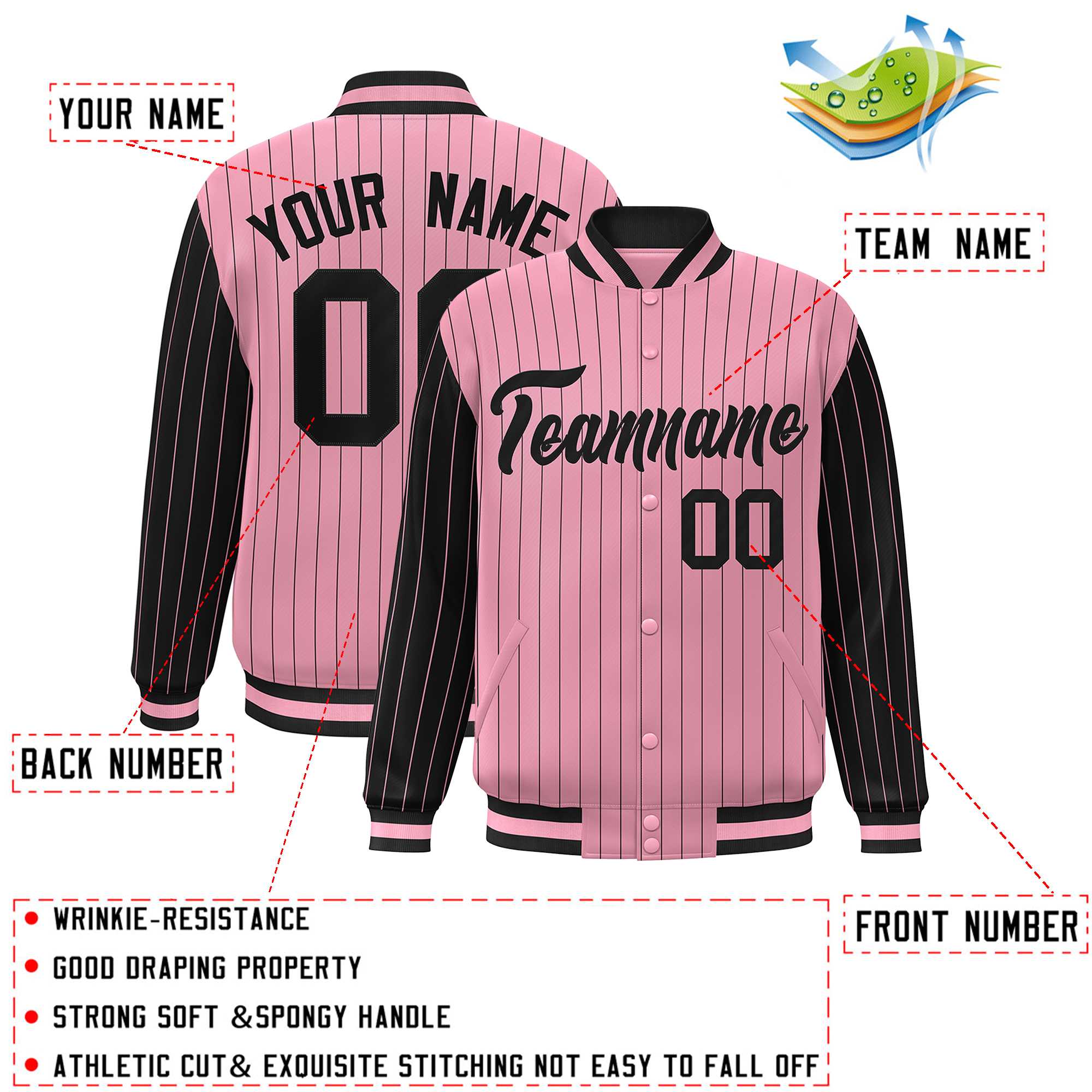 Custom Light Pink Black Raglan Sleeves Varsity Full-Snap Pinstripe Letterman Baseball Jacket