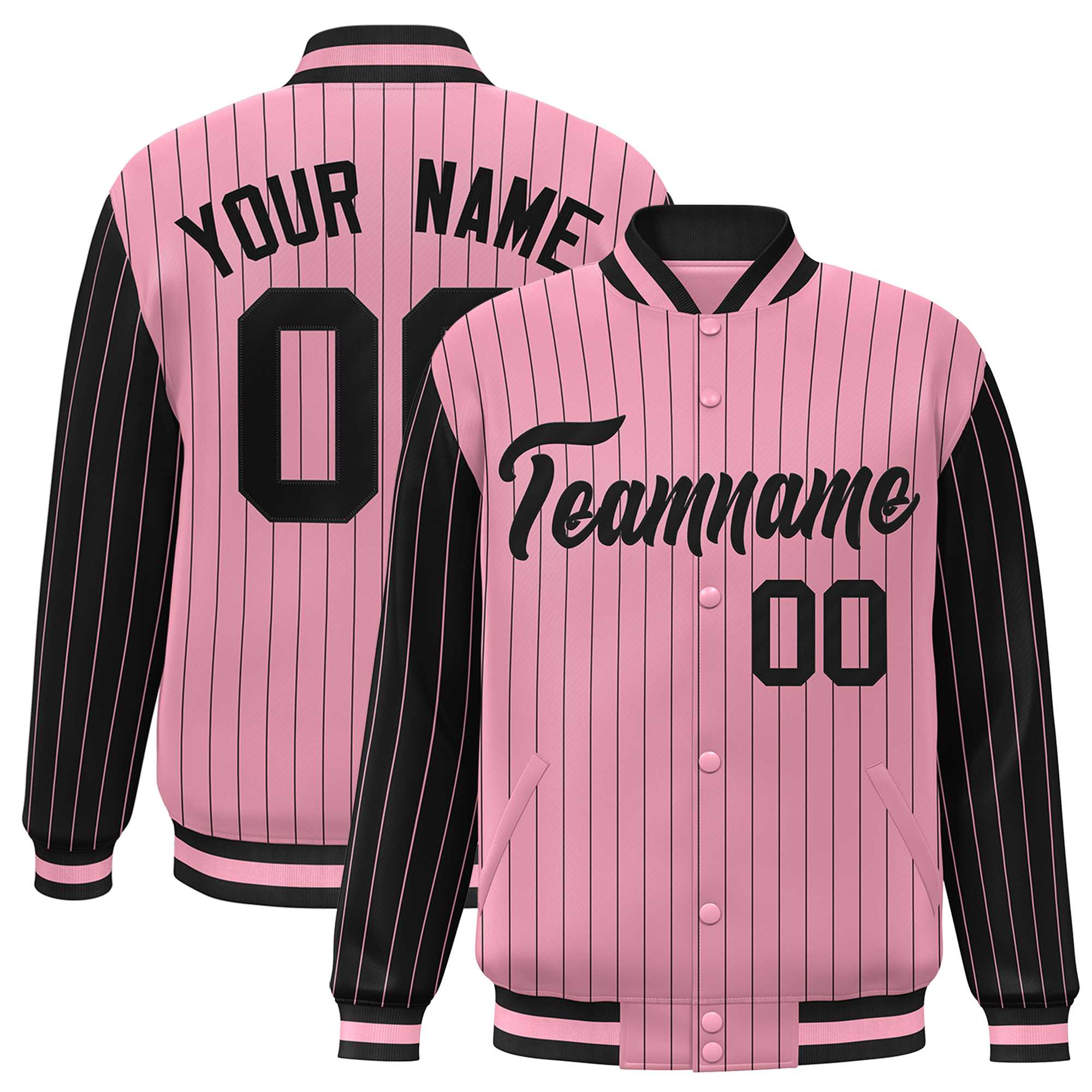 Custom Light Pink Black Raglan Sleeves Varsity Full-Snap Pinstripe Letterman Baseball Jacket