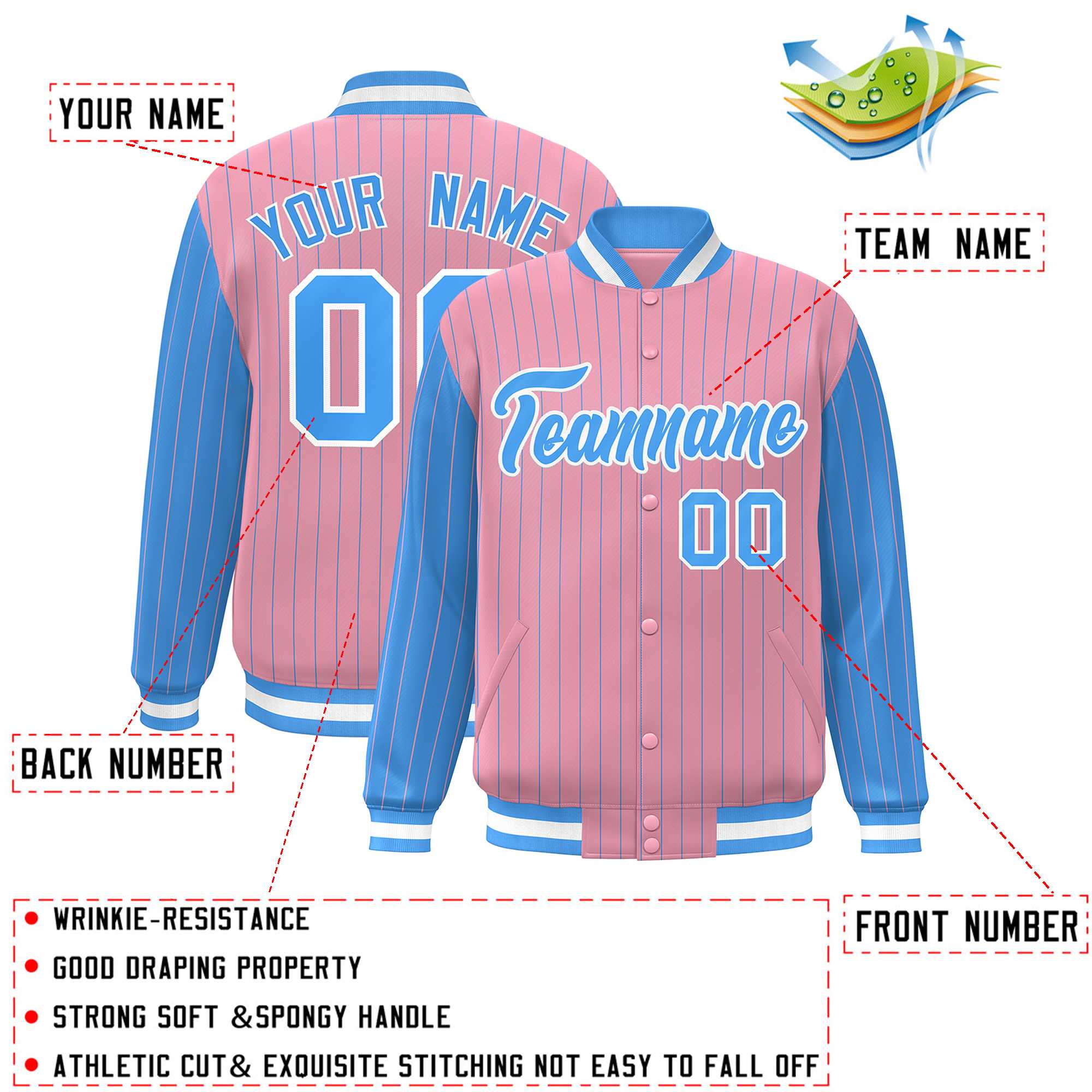 Custom Light Pink Powder Blue Raglan Sleeves Varsity Full-Snap Pinstripe Letterman Baseball Jacket