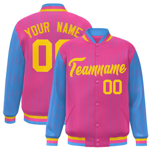 Custom Pink Powder Blue Raglan Sleeves Varsity Full-Snap Pinstripe Letterman Baseball Jacket