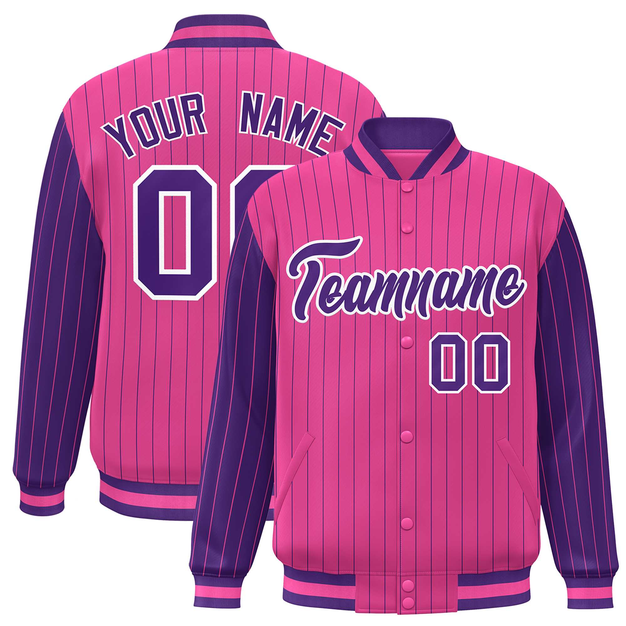 Custom Pink Purple Raglan Sleeves Varsity Full-Snap Pinstripe Letterman Baseball Jacket