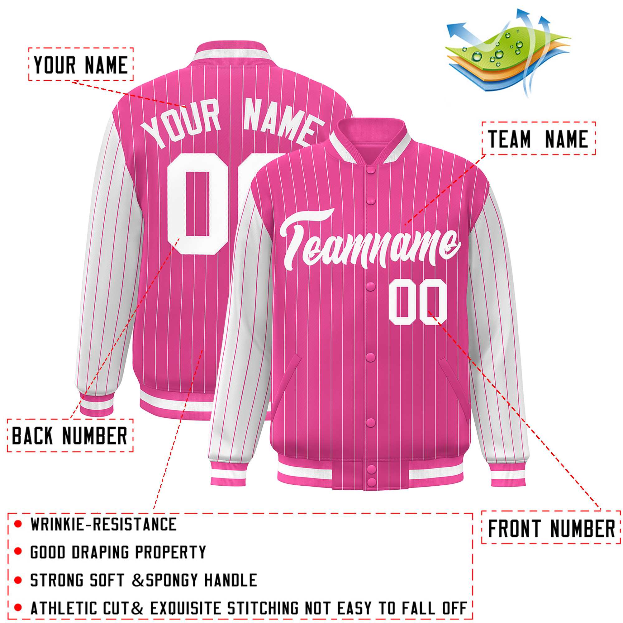 Custom Pink White Raglan Sleeves Varsity Full-Snap Pinstripe Letterman Baseball Jacket