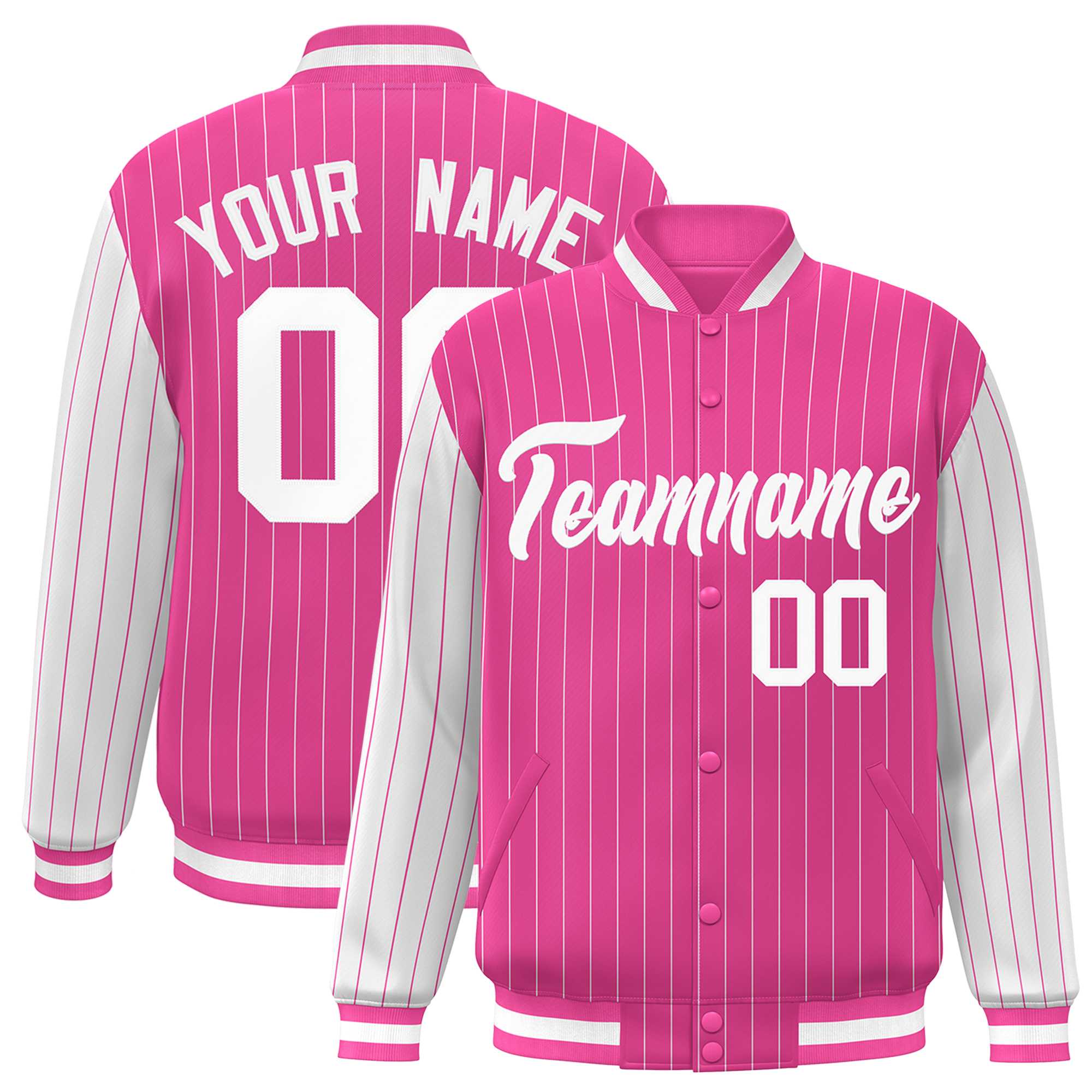 Custom Pink White Raglan Sleeves Varsity Full-Snap Pinstripe Letterman Baseball Jacket