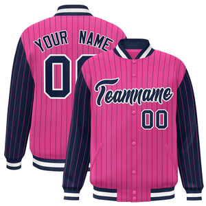 Custom Pink Navy Raglan Sleeves Varsity Full-Snap Pinstripe Letterman Baseball Jacket