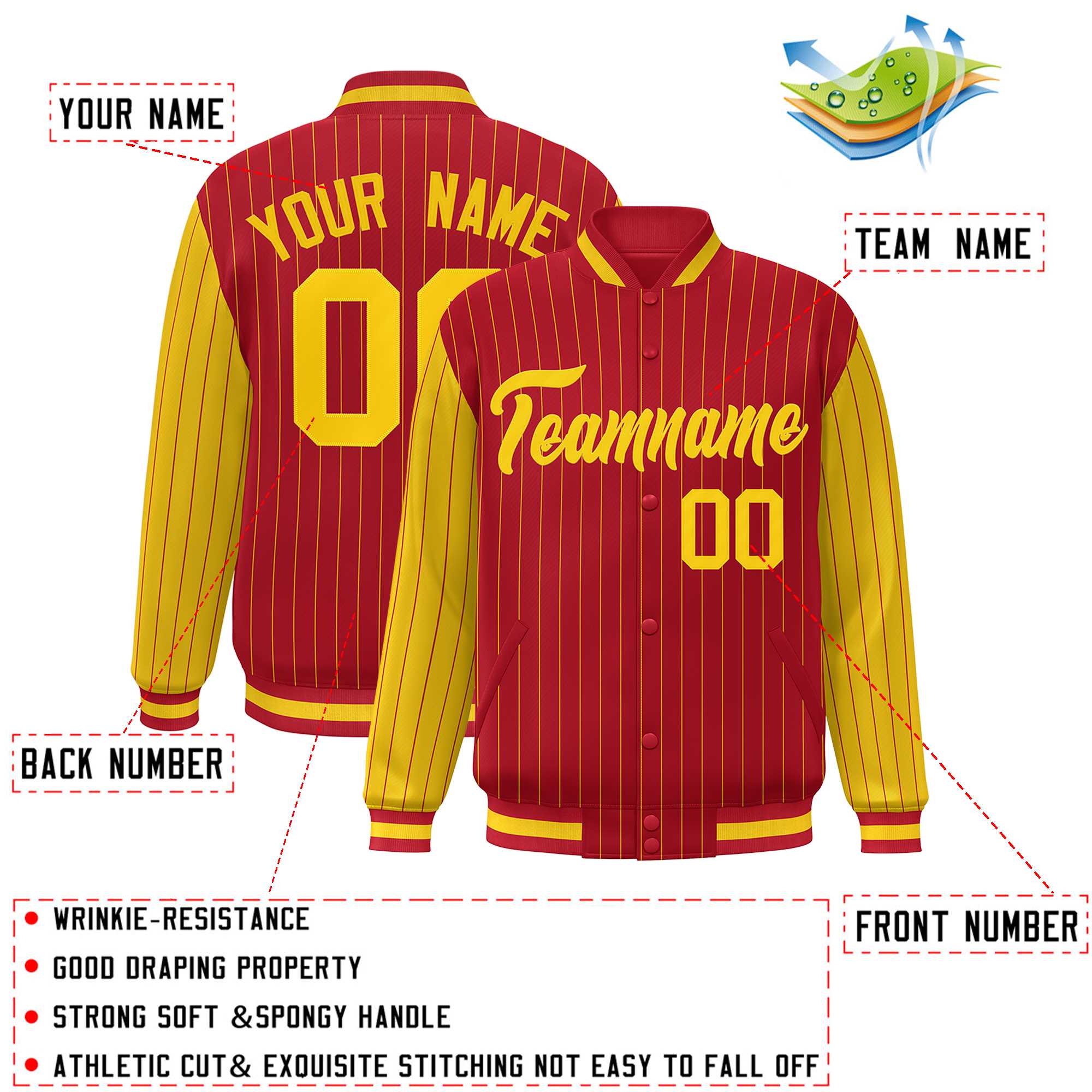 Custom Red Gold Raglan Sleeves Varsity Full-Snap Pinstripe Letterman Baseball Jacket