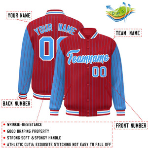 Custom Red Powder Blue Raglan Sleeves Varsity Full-Snap Pinstripe Letterman Baseball Jacket