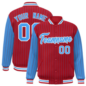 Custom Red Powder Blue Raglan Sleeves Varsity Full-Snap Pinstripe Letterman Baseball Jacket