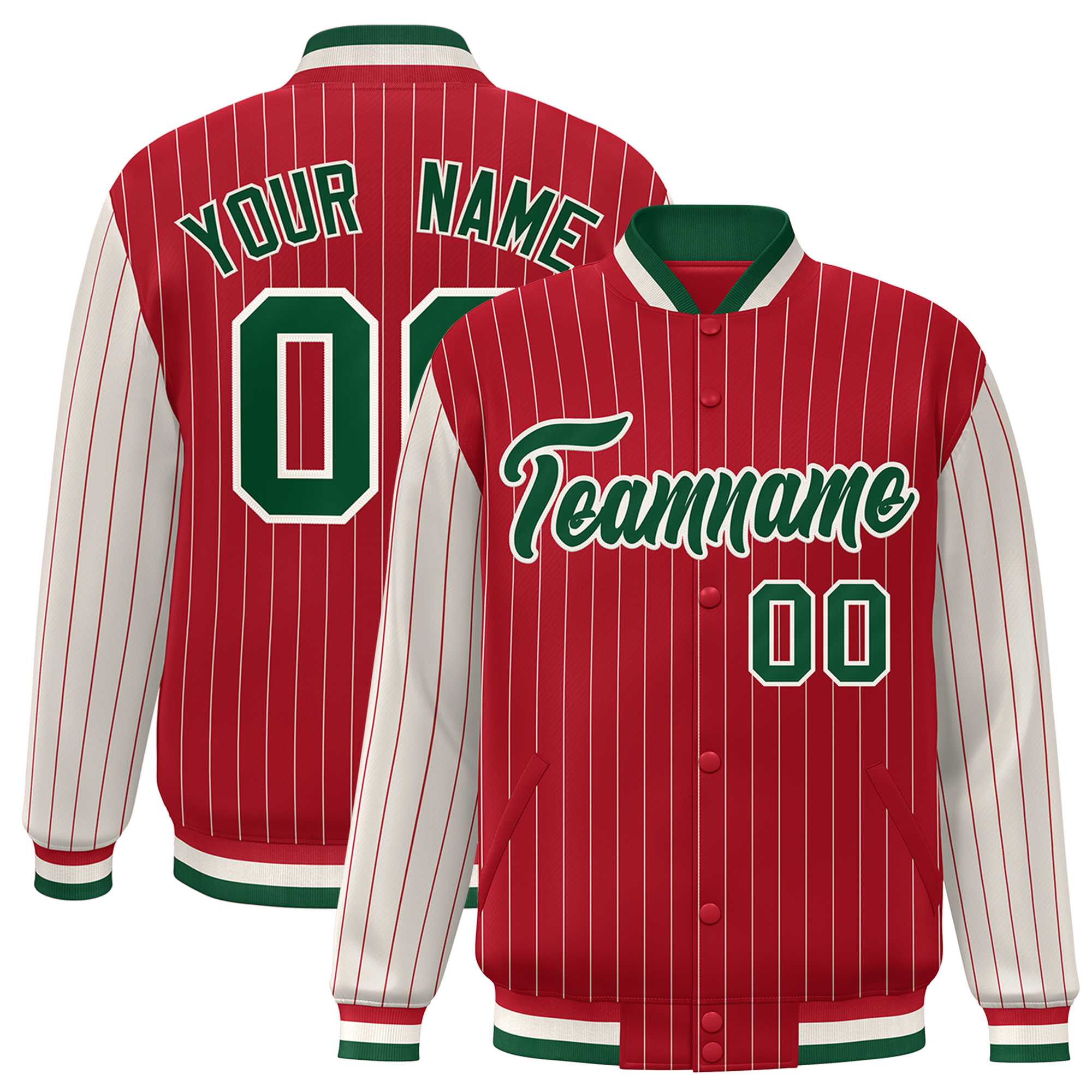 Custom Red Cream Raglan Sleeves Varsity Full-Snap Pinstripe Letterman Baseball Jacket