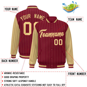 Custom Crimson Khaki Raglan Sleeves Varsity Full-Snap Pinstripe Letterman Baseball Jacket