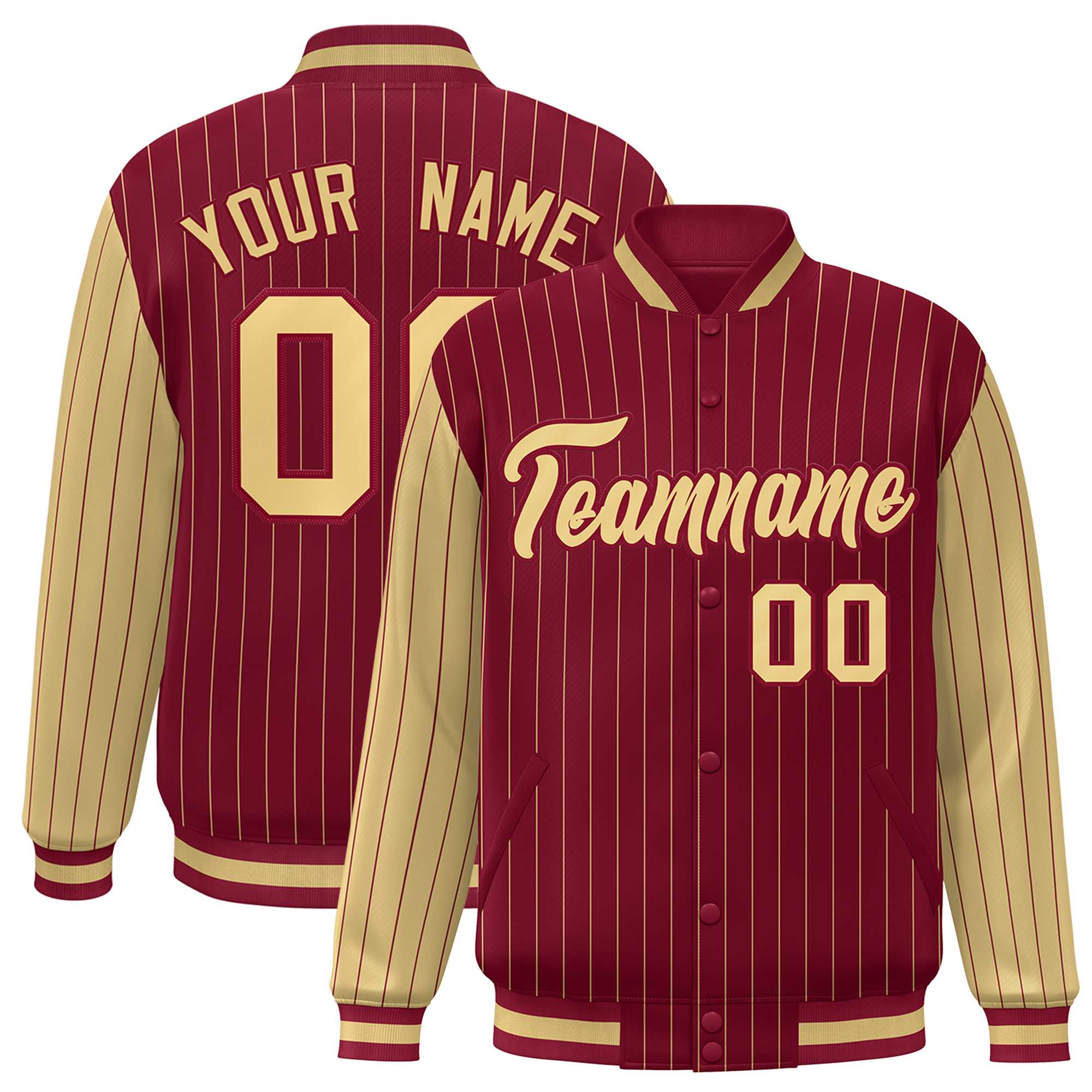 Custom Crimson Khaki Raglan Sleeves Varsity Full-Snap Pinstripe Letterman Baseball Jacket