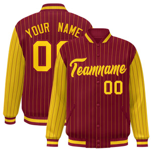 Custom Crimson Gold Raglan Sleeves Varsity Full-Snap Pinstripe Letterman Baseball Jacket