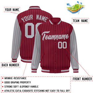 Custom Crimson Gray Raglan Sleeves Varsity Full-Snap Pinstripe Letterman Baseball Jacket