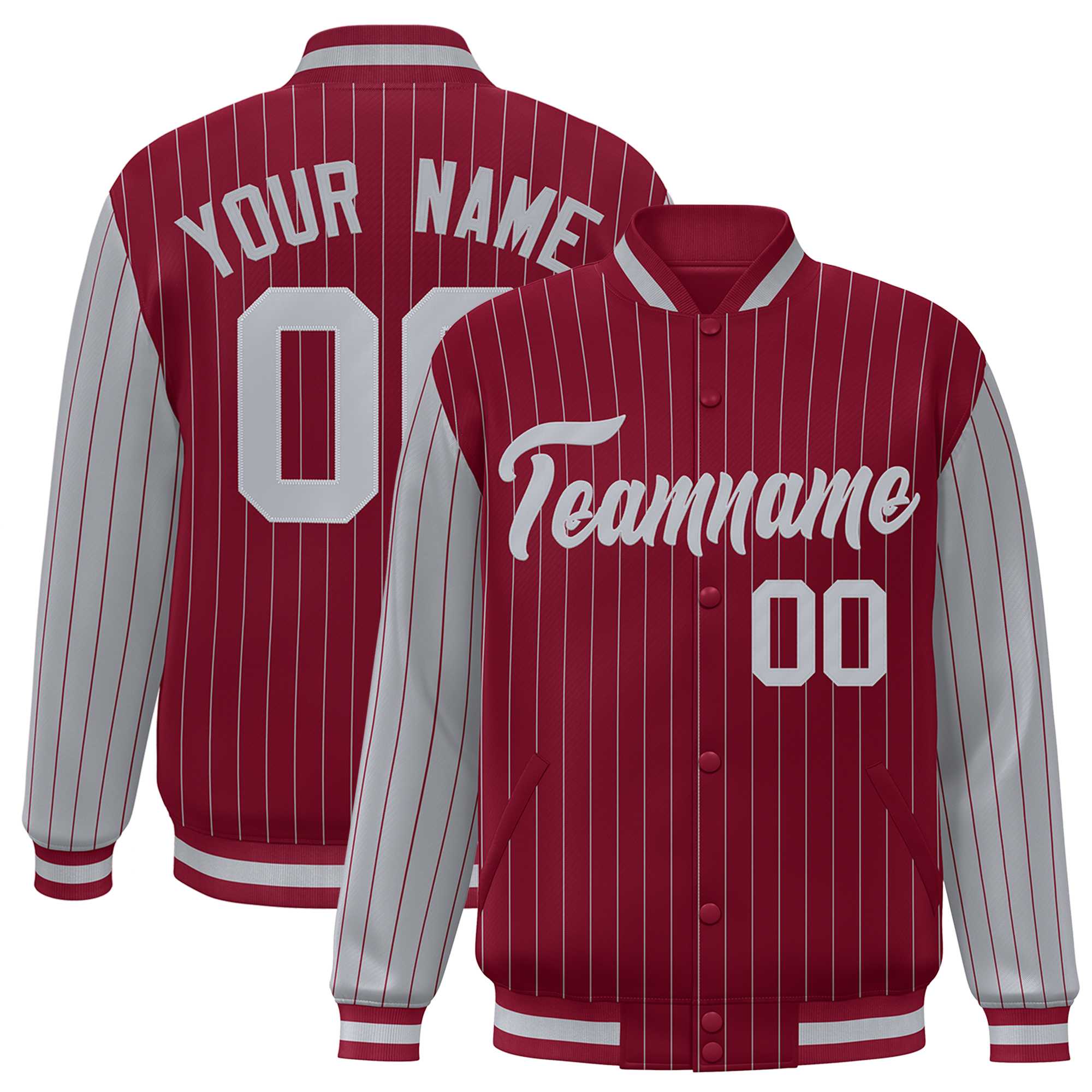 Custom Crimson Gray Raglan Sleeves Varsity Full-Snap Pinstripe Letterman Baseball Jacket