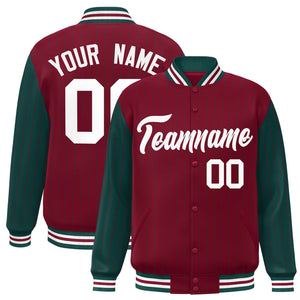 Custom Crimson Midnight Green Raglan Sleeves Varsity Full-Snap Pinstripe Letterman Baseball Jacket