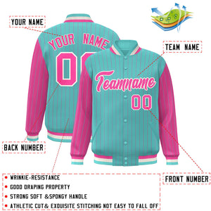 Custom Bright Green Pink Raglan Sleeves Varsity Full-Snap Pinstripe Letterman Baseball Jacket