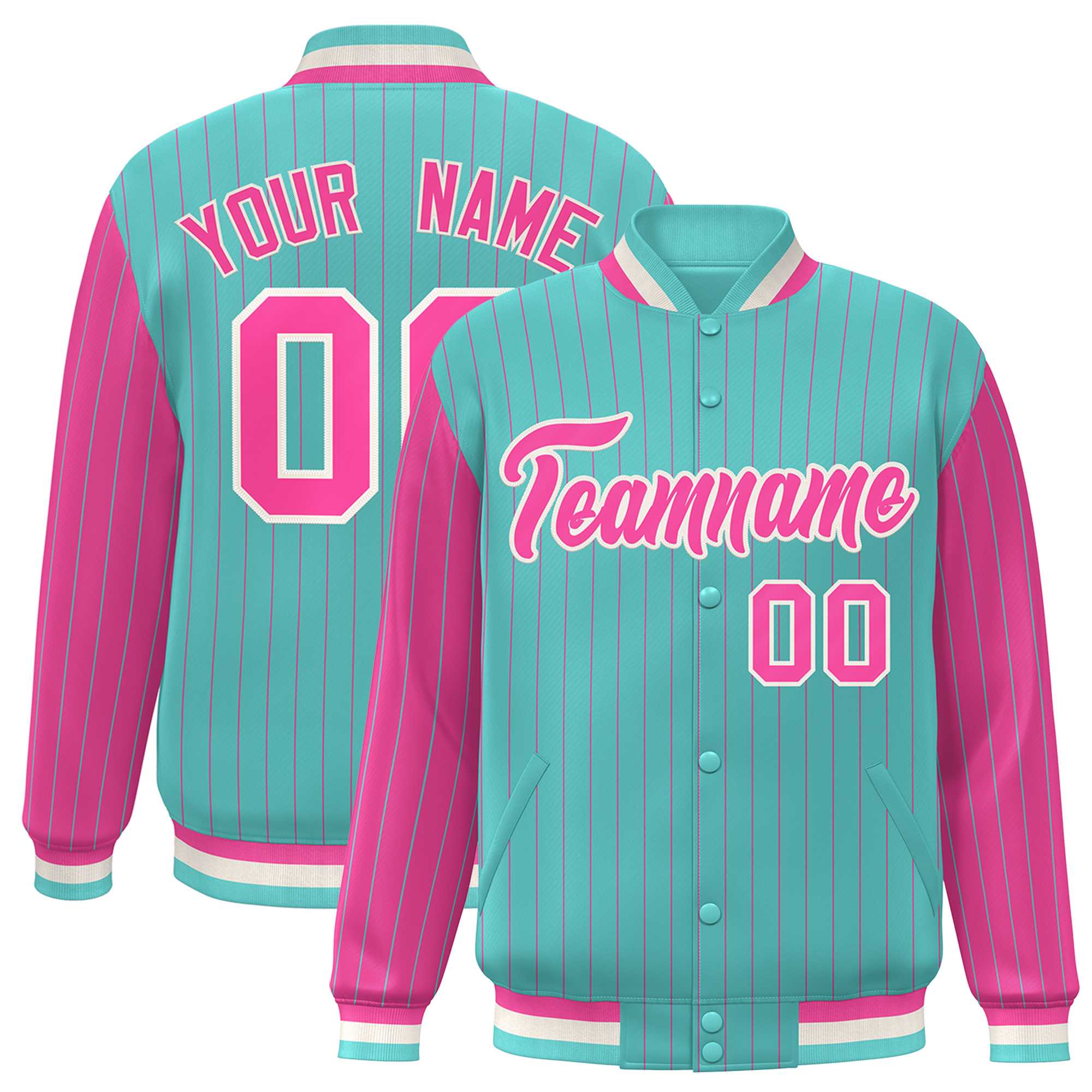 Custom Bright Green Pink Raglan Sleeves Varsity Full-Snap Pinstripe Letterman Baseball Jacket