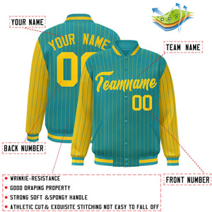 Custom Aqua Gold Raglan Sleeves Varsity Full-Snap Pinstripe Letterman Baseball Jacket